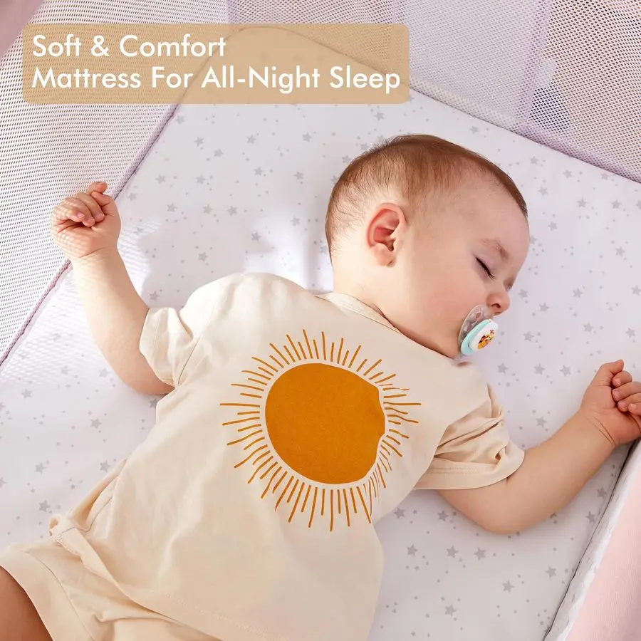 Baby Bassinet Bedside Sleeper, Easy Folding Portable Bassinet for Baby Girl with Wheels, Adjustable Height, Included Mattress Pi