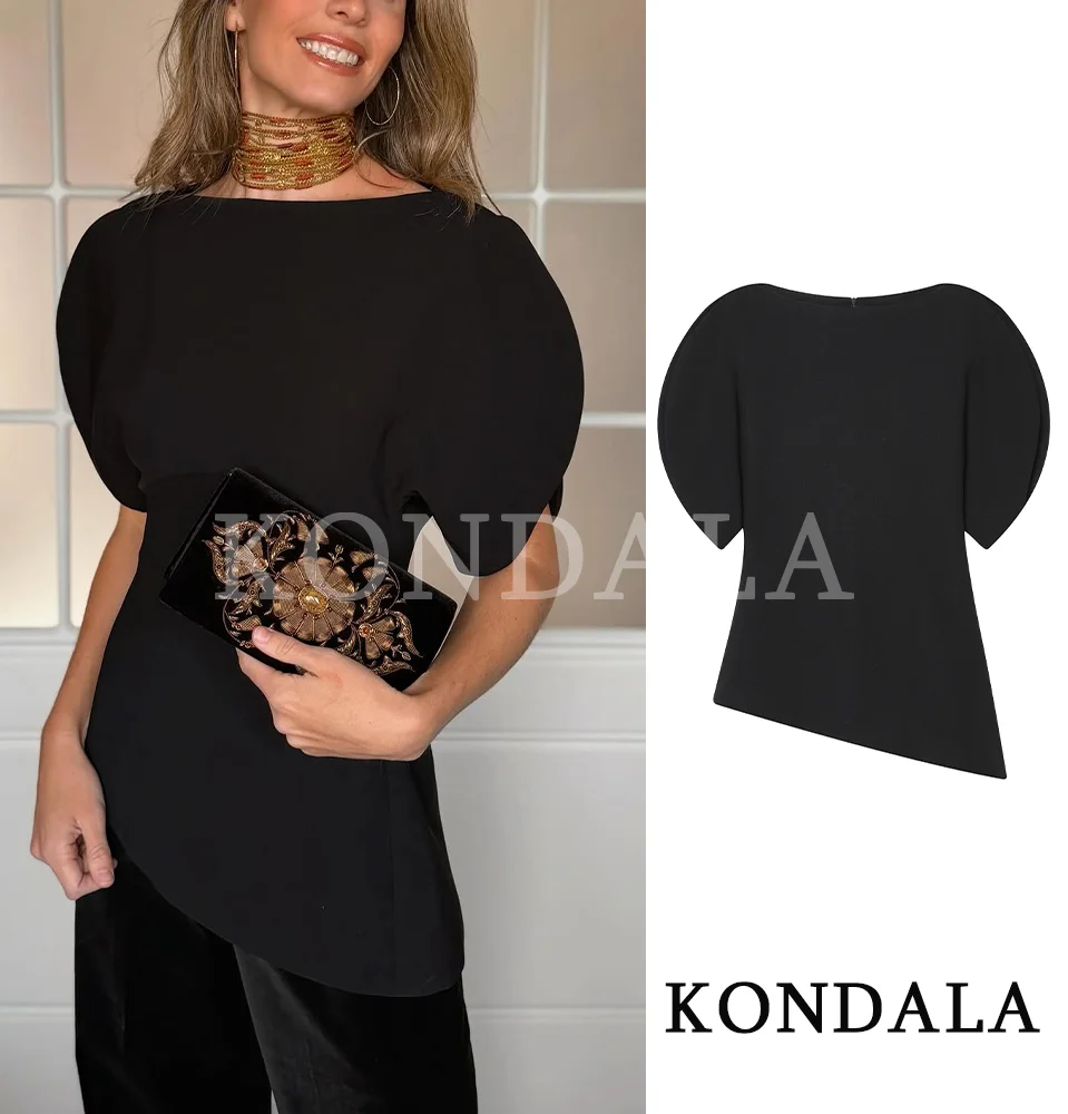 

KONDALA Commute Modern Puff Sleeve Top Business Women Asymmetric Hem Short Sleeve Top 2026 Spring Summer Trendy Chic Elegant Top