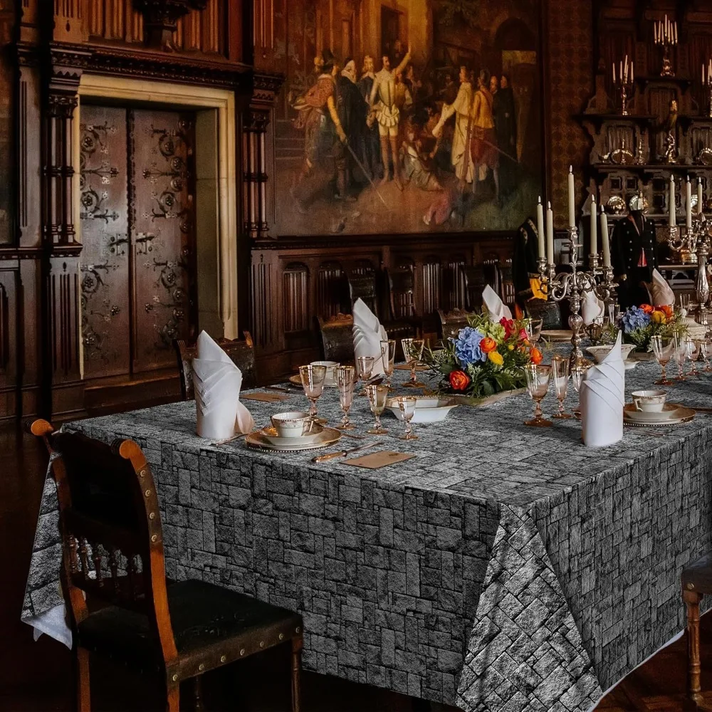 Rolo de toalha de mesa de plástico descartável - 300 pés x 54 polegadas, design de parede de pedra, cenário de piso de tijolo medieval, ideal para eventos e ou