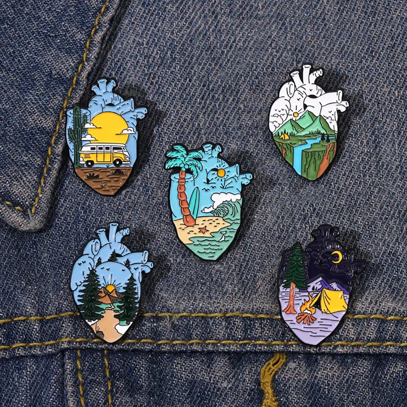 Heart Enamel Pin Sea Custom Beach Night Camping Mountain Stream Forest Sunrise Sunset Lapel Brooch Travel Jewelry Gift Wholesale