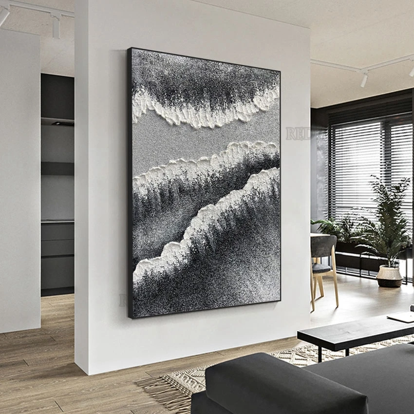 Thick Abstract Black and White Oil Painting, Luxury Wall Decor Item, Canvas Picture Art, Modern Murals, Unframed Artwork Hotel