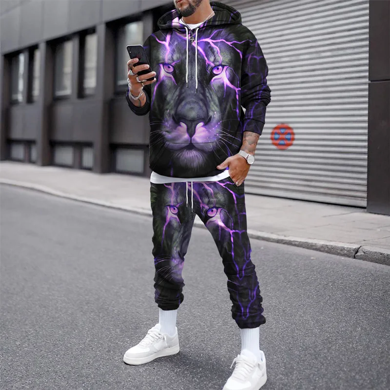 3D Print Lion Oversized Sportswear Tracksuit Pullover Hoodies Long-Sleeve Sweatshirt Sweatpants Sets Man Winter Men's Clothing