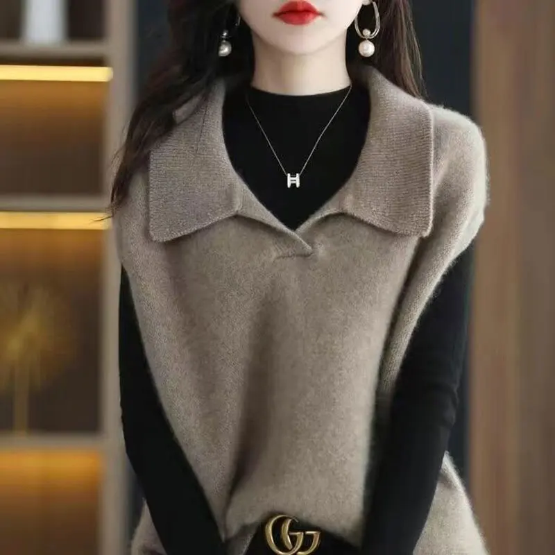 Stylish Turn-down Collar Spliced Sweater Vest Casual Sleeveless Autumn Winter Female Clothing Solid Color Korean Loose Jumpers