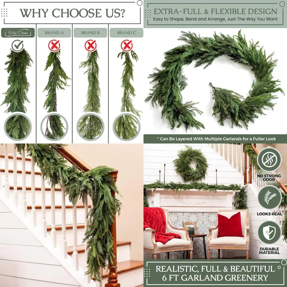 

Artificial Mixed Pine and Evergreen Garland with Cedar, Realistic Greenery for Christmas Mantle Decorations, Premium Touch, 6 Fe