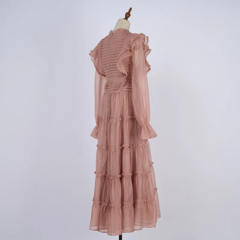 Vestido longo com saia rodada, gola de renda, bainha em camadas, estilo e de bolo, 6 cores, aosfera de conto de fada...