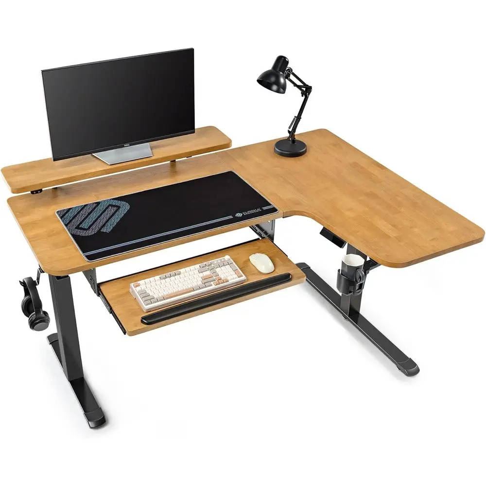 

Electric Adjustable Height L-Shaped Desk with Solid Oak Wood Top and Dual Motor, 61 LED Monitor Stand, Keyboard Tray