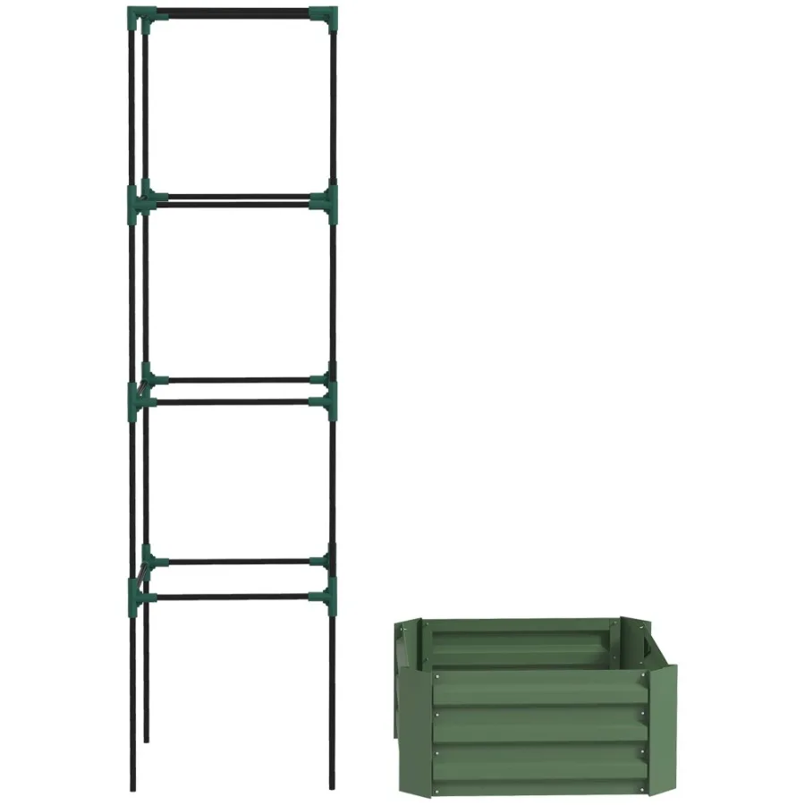Galvanized Planter Box 24x24x11.75 with Tomato Cage for Climbing Plants Green Raised Garden Bed