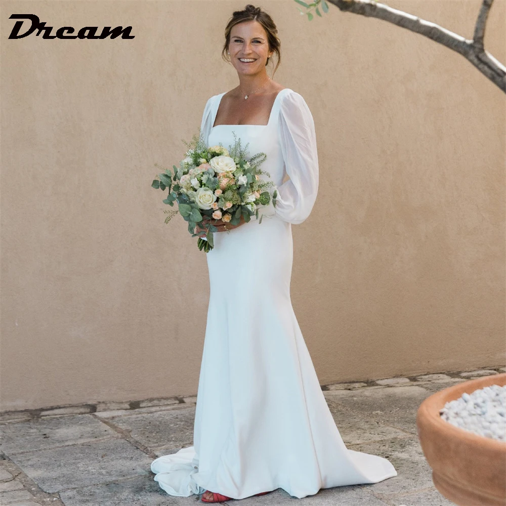 DREAM-vestidos De novia De sirena sencillos personalizados, cuello cuadrado, mangas largas abombadas, vestidos De novia lisos, Vestido De novia con tren De barrido