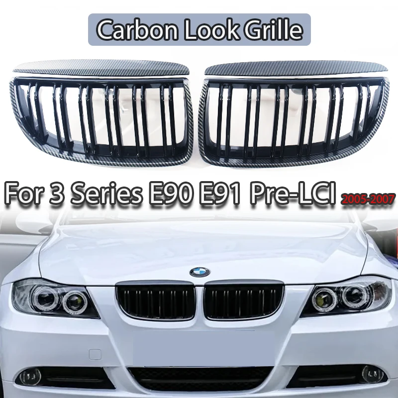 

For BMW 3 Series E90 Pre-LCI 2005-2008 Double Slat Kidney Grille Gloss Matte Black Half Carbon M-Color Silver Frame Grill