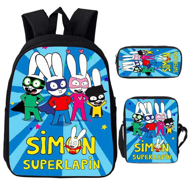 Simon Super Rabbit Cartoon 3pcs Backpack Set for Boys Girls Including School Bag Shoulder Bag Pencil Case Suitable for ages 5-8