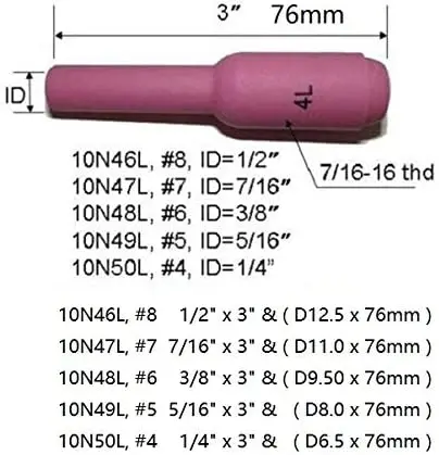 TIG Alumina Nozzles Ceramic Cup Long 10N50L #4 1/4 ( D6.5*76mm) Orifice Fit SR PTA DB WP 17 18 26 TIG Welding Torch 5pk