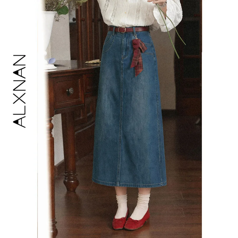 ALXNAN Vintage Blue Denim Midi Skirt Women 2026 Autumn New High Waist Long A-line Skirt Elegant Cotton Female Clothing L678120A