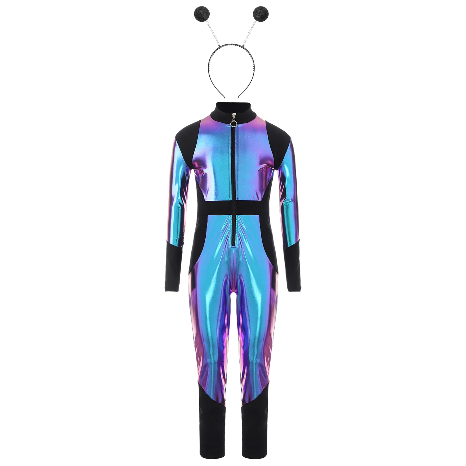 Kids Girls Halloween Alien Robot Cosplay Costume Long Sleeves Metallic Bodysuit with Alien Hair Hoop for Outer Space Theme Party