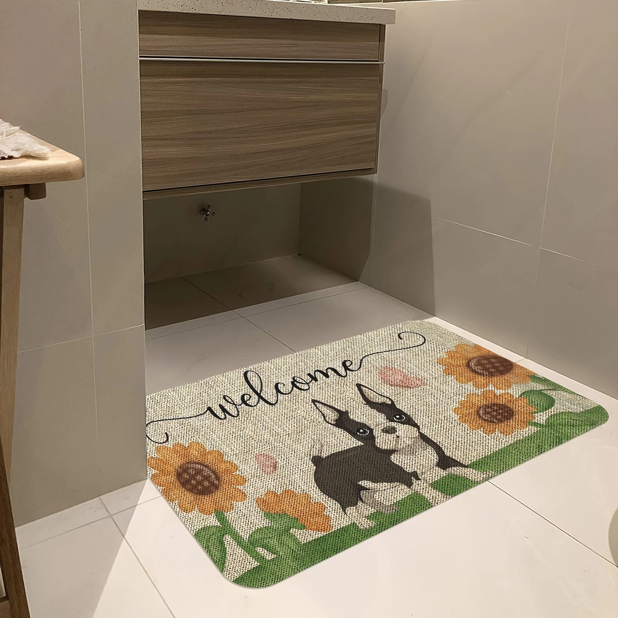 VIKAMA Cute Pet Welcome Home Floor Mat Boston Terrier Dog Sunflower Non-Slip Blanket Entrance Pet Decoration