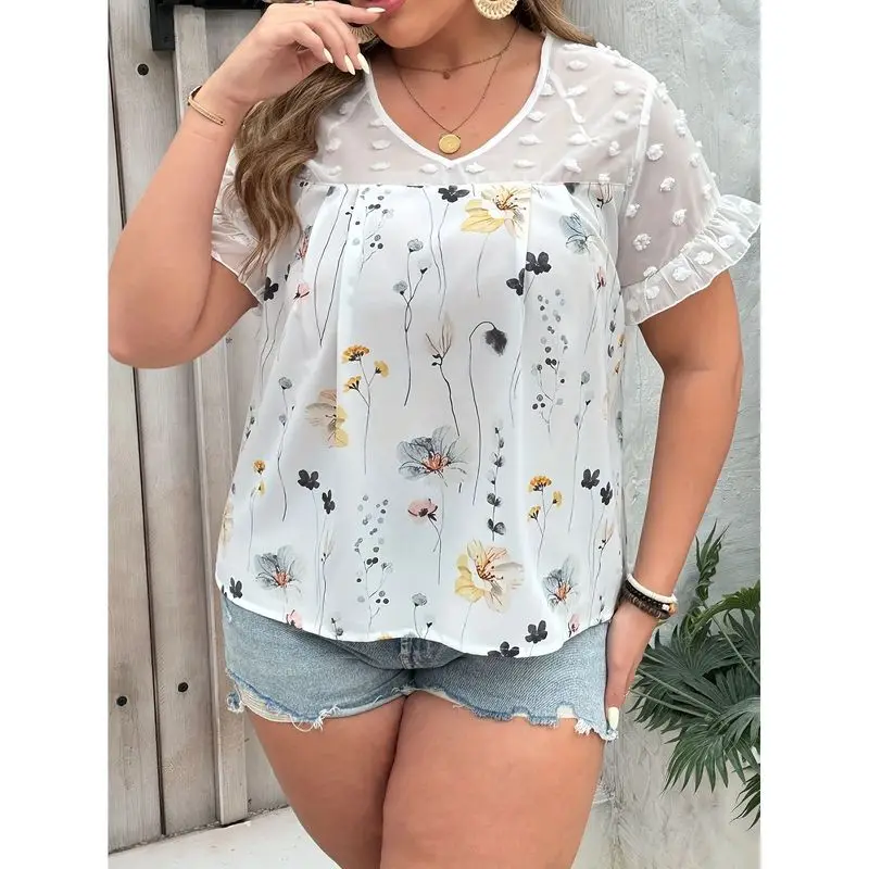 

Ele plus Size Floral Print Dot Blouse Patchwork V Ne Cleanfit Thiened Ladies Inner Wear A-Line Sve Midi Blouse