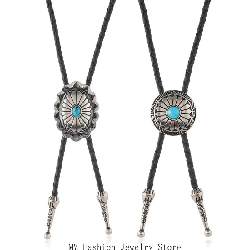 D0UB الفيروز كاوبوي بولو التعادل قلادة مع لهجات سبيكة زهرة لحدث مسابقات رعاة البقر