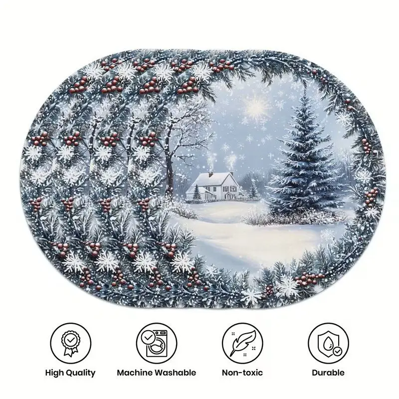 Winter Snow View Cabin Oval Christmas Lace Placemat, Wear-Resistant Plate Mat for Home Dining Table Decoration