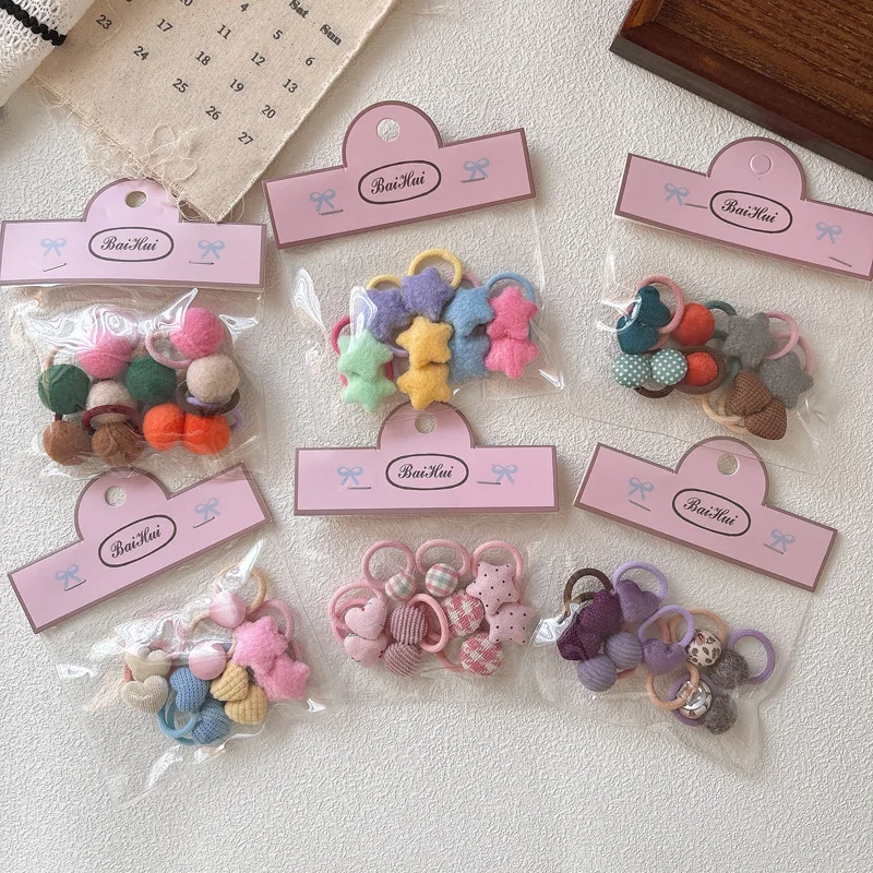 10Pcs Bag Packed Cute Mini Small Autumn Winter Heart Star Hair Scrunchies Sweet Soft Bangs Styling Girls Kids Hair Accessories