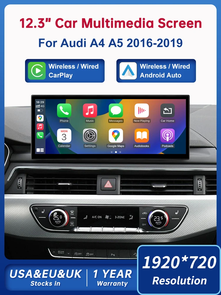 Touch-Display für Audi A4 A5 B9 2016-2019 Road Top 12,3 Zoll Multimedia-Player Android Auto Link GPS Carplay Bildschirm Car Play