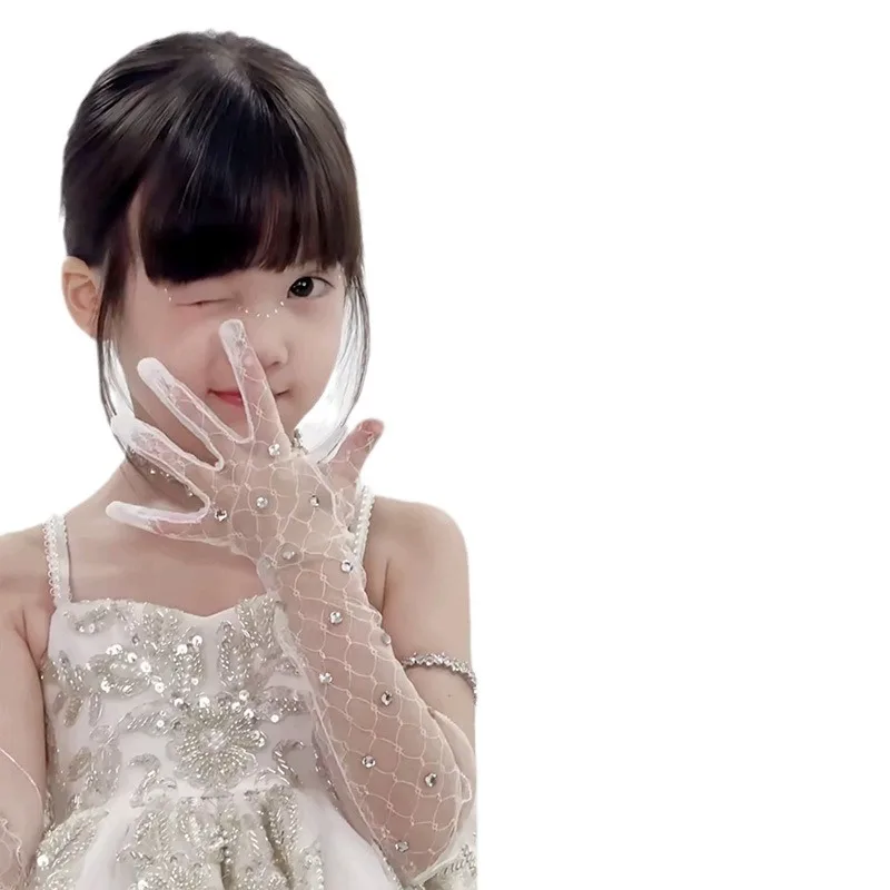 Meisjes witte kanten handschoenen met/zonder strass decor voor bruiloften, verjaardagen en speciale gelegenheden van 3 tot 12 jaar