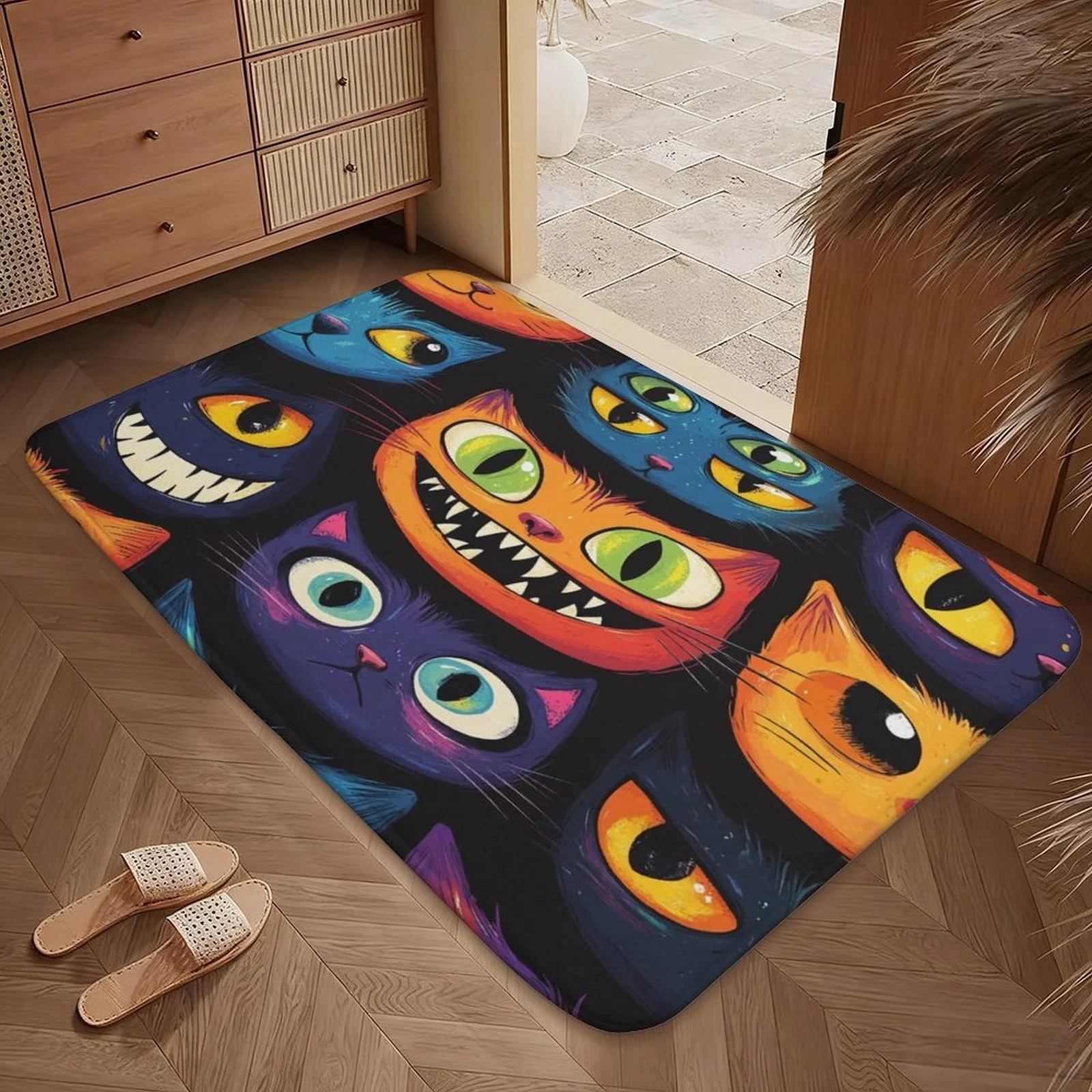 

Коврик для двери с изображением Чеширского кота – причудливые мультяшные коты с большими глазами, игривый художественный дизайн, коврик для прихожей, ванной комнаты, спальни
