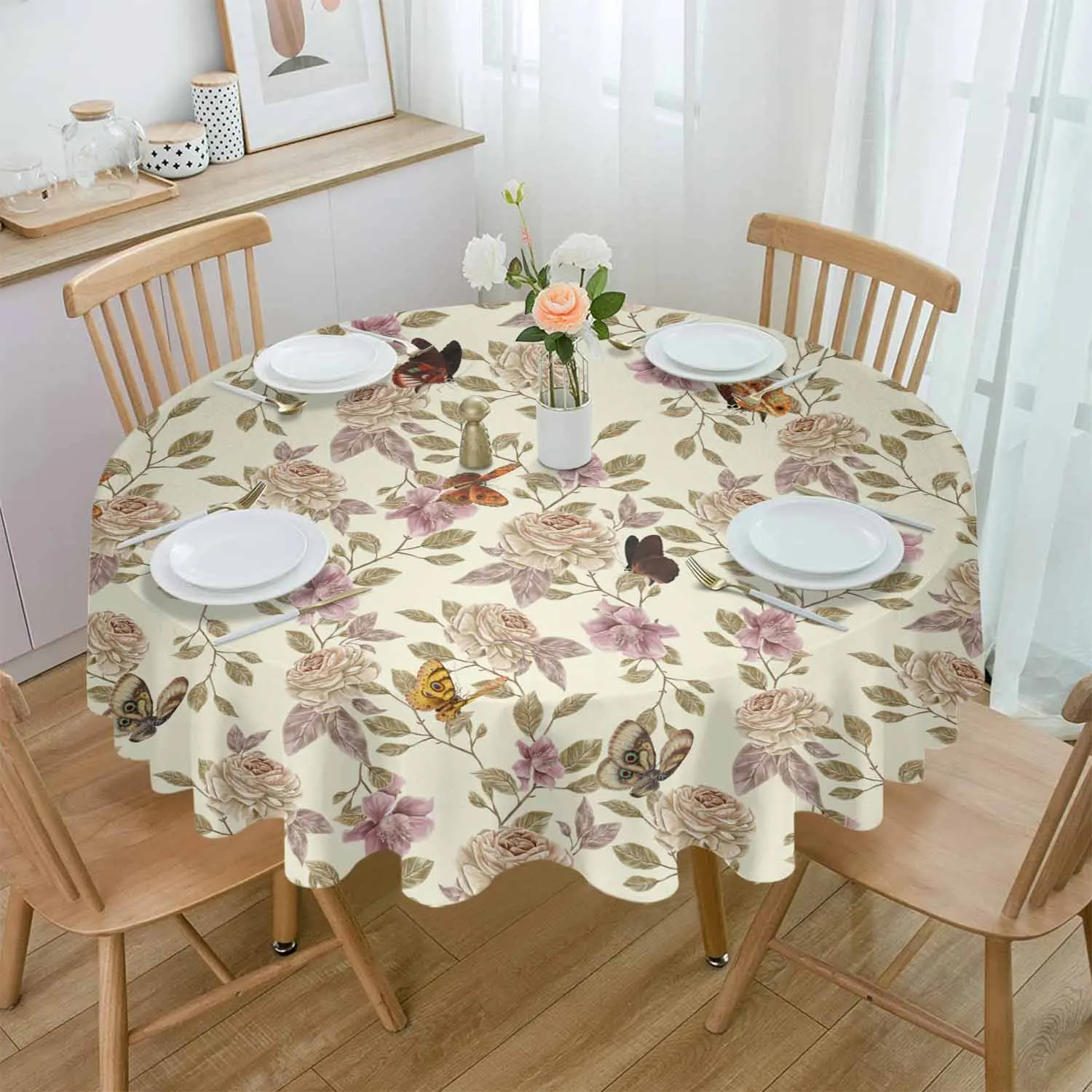 

Flowers Leaves Butterfly Retro Round Table Cloth Festival Dining Tablecloth Waterproof Table Cover for Wedding Party Decor