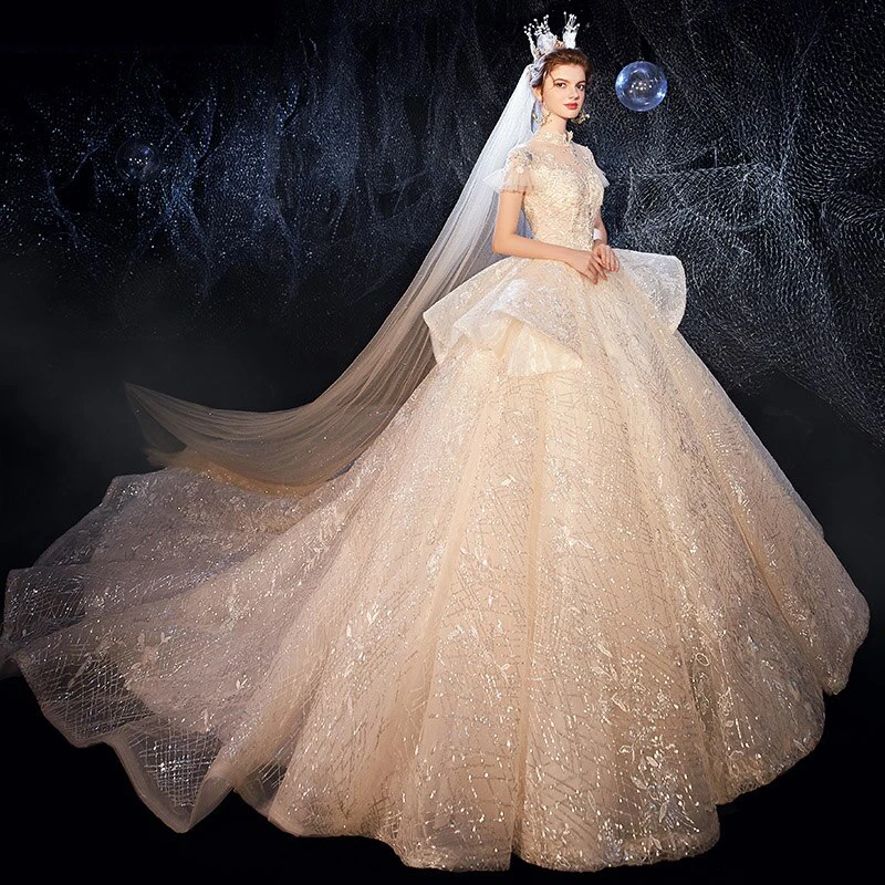 2023 Luxuriou Princes  Wedding Dress Short Tulle Sleeves High Neck Evening Prom Ball Gown Sparkle Beading  Vestido Fiesta Noche