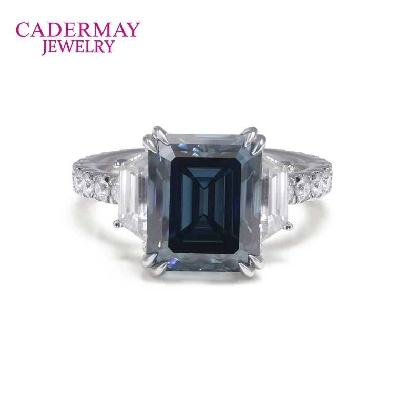 Cadermay 5ct Grey Blue Emerald Cut Moissanite Rings for Women 925 Silver 3 Stone Engagement Wedding Promise Ring Pave