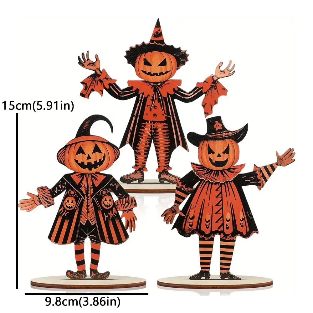 3Pcs Wooden Halloween Pumpkin Ornament Vintage Print Thick Board Pumpkin Man Tabletop Decor Polished Surface Safe Pumpkin Head