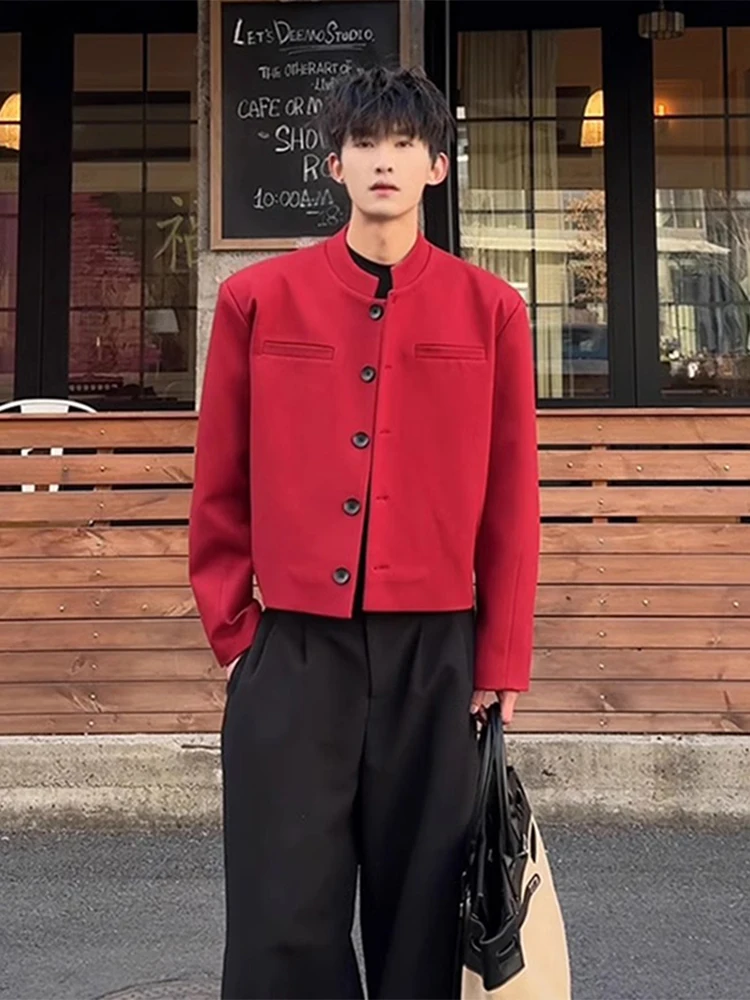 

Красный мужской повседневный пиджак с подплечниками, весенне-осенний, премиум-класса, модель для показа, с воротником-стойкой, укороченный пиджак