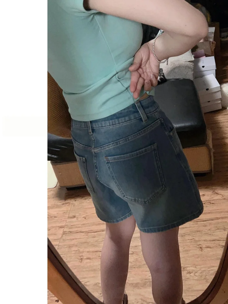 Retro Blue Denim Short Pants Women Summer Loose Slim High Waist A-Line Wide Leg Hot Pants Casual High Waist Wide Leg Jeans