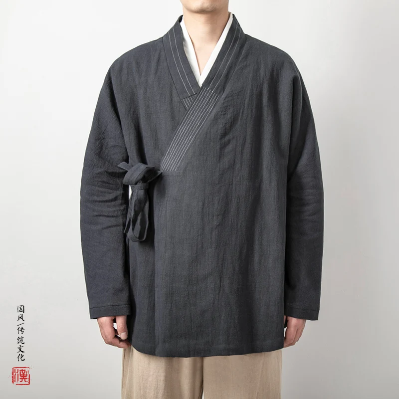 2023 Men\'s Chinese Style Linen Cardigan Jacket Loose Black Kimono Jacket Solid Color Self-Tie Hanfu Traditional Clothing 4Xl