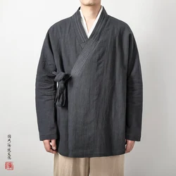 2023 Men's Chinese Style Linen Cardigan Jacket Loose Black Kimono Jacket Solid Color Self-Tie Hanfu Traditional Clothing 4Xl