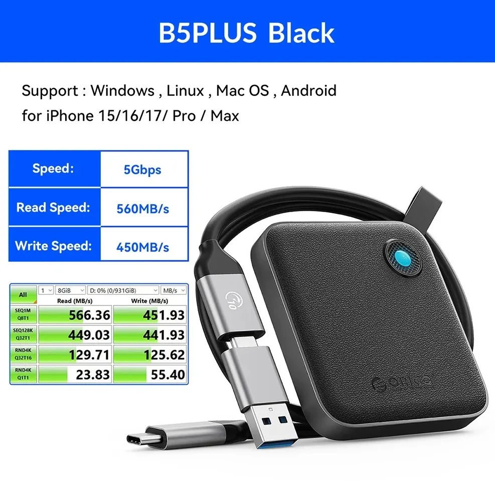 ORICO Portable SSD 5Gbps 512GB, External Solid State Drive USB 3.2 Gen2 Type-C PSSD for iPhone 15/PC/Laptop