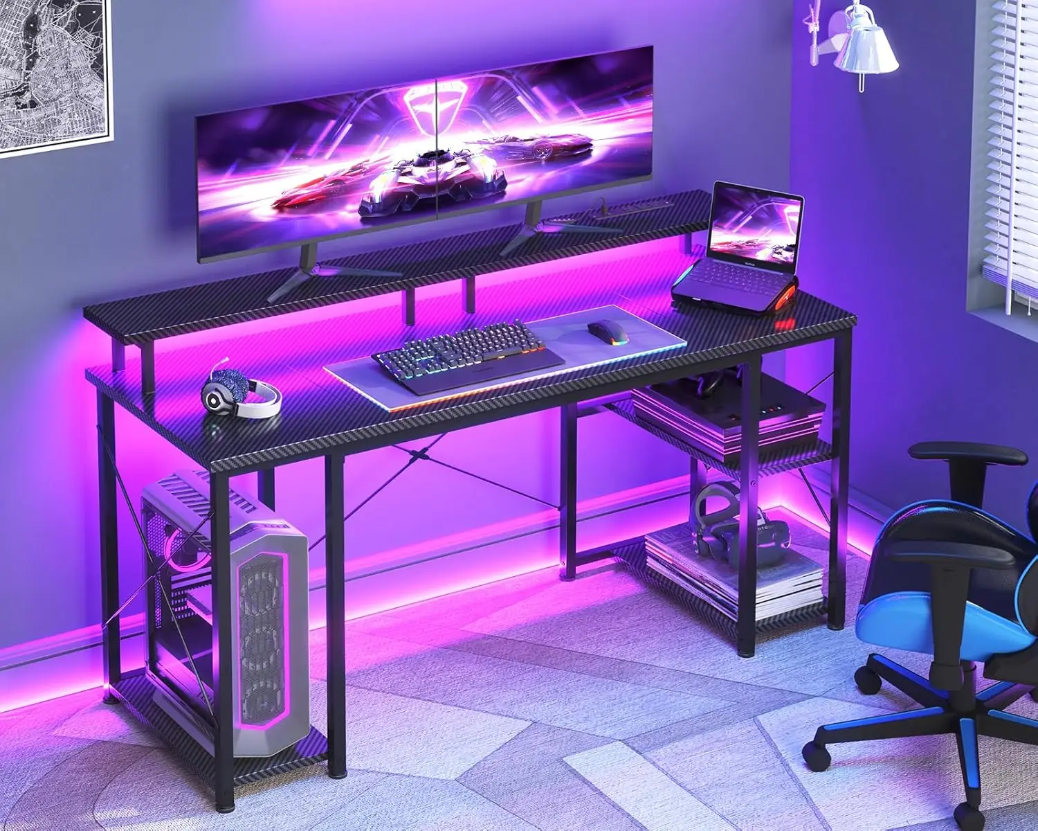 55 Inches Gaming Desk with LED Lights, Computer Desk with Monitor Stand, Pc Table with CPU Stand, Carbon Fiber Black