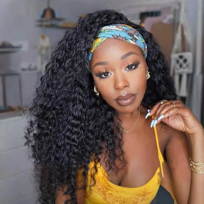 3-in-1 Halbperücke mit Kordelzug, nahtlose, klebefreie, lockige Echthaarperücke, Kinky Curly Stirnbandperücke, maschinell gefertigt, für Damen, 200/250 Dichte, sofort tragbar, im Ausverkauf,