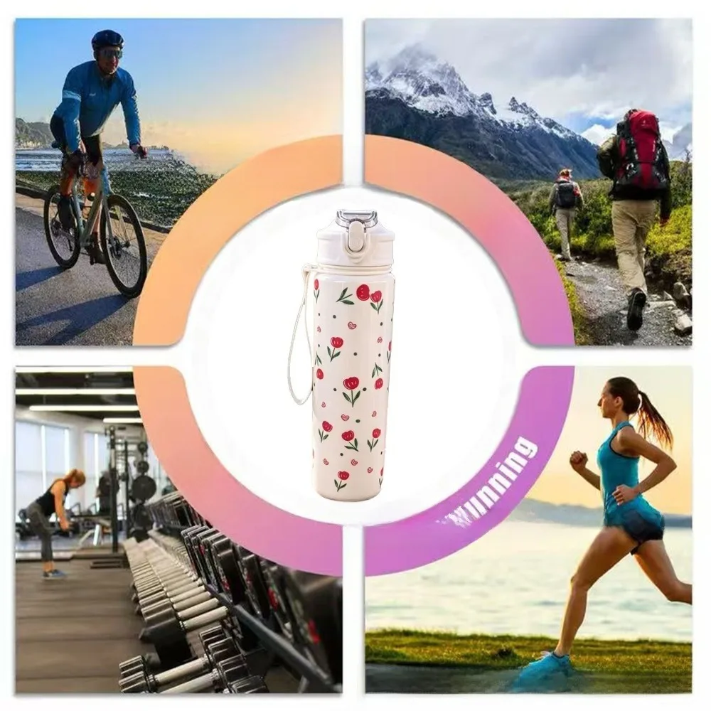 Cute 750ML Water Bottle Straw Lid PC Plastic Straw Tumbler Carry Lanyard Print Design Drinking Cup For Students