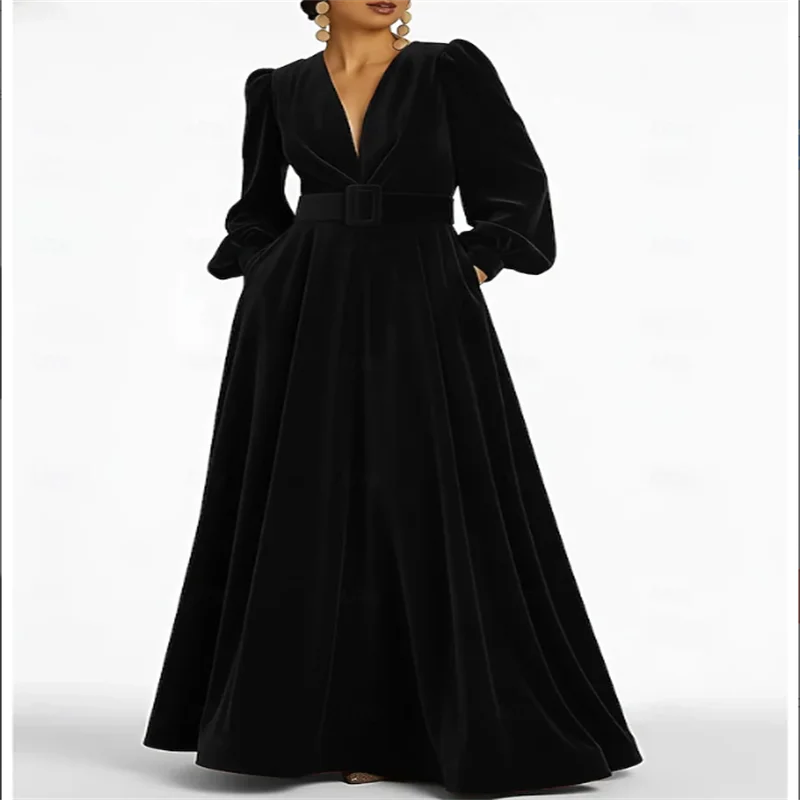 

Красное, черное, синее бархатное вечернее платье трапециевидной формы, элегантное вечернее платье, официальное осеннее свадебное платье длиной до пола, с длинным рукавом, V-образным вырезом и карманом с разрезом