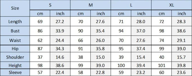 Style 1 size chart, sizes S to XL in centimeters and inches