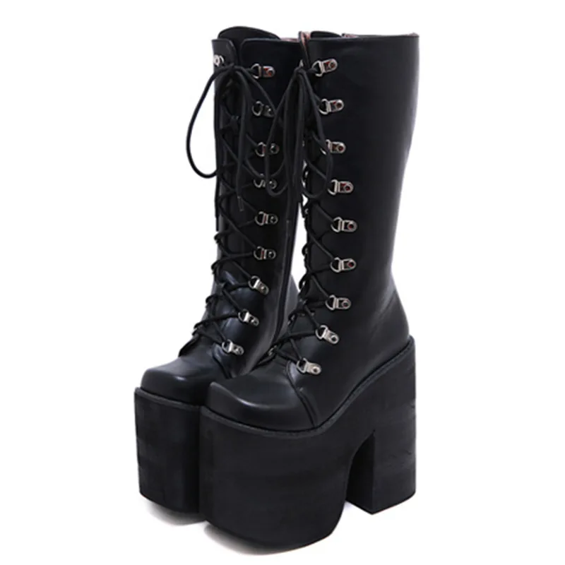 16cm Długie buty damskie New Rock Shoes Black Knee High Boots Punk Goth Chunky Platform Boots Fall Wedge High Heels Bota Plataforma