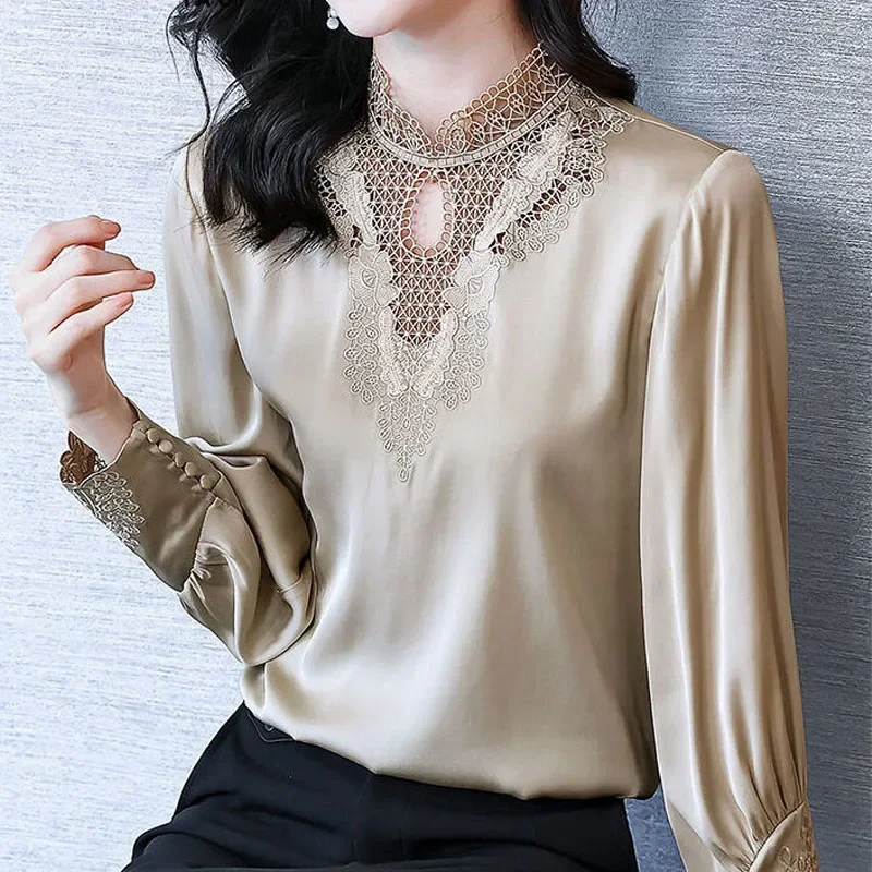 

Elegant Office Lady Embroidery Spliced Long Sleeve Blouse Spring Women's Clothing Hollow Out Stand Collar Solid Color Shirt X886