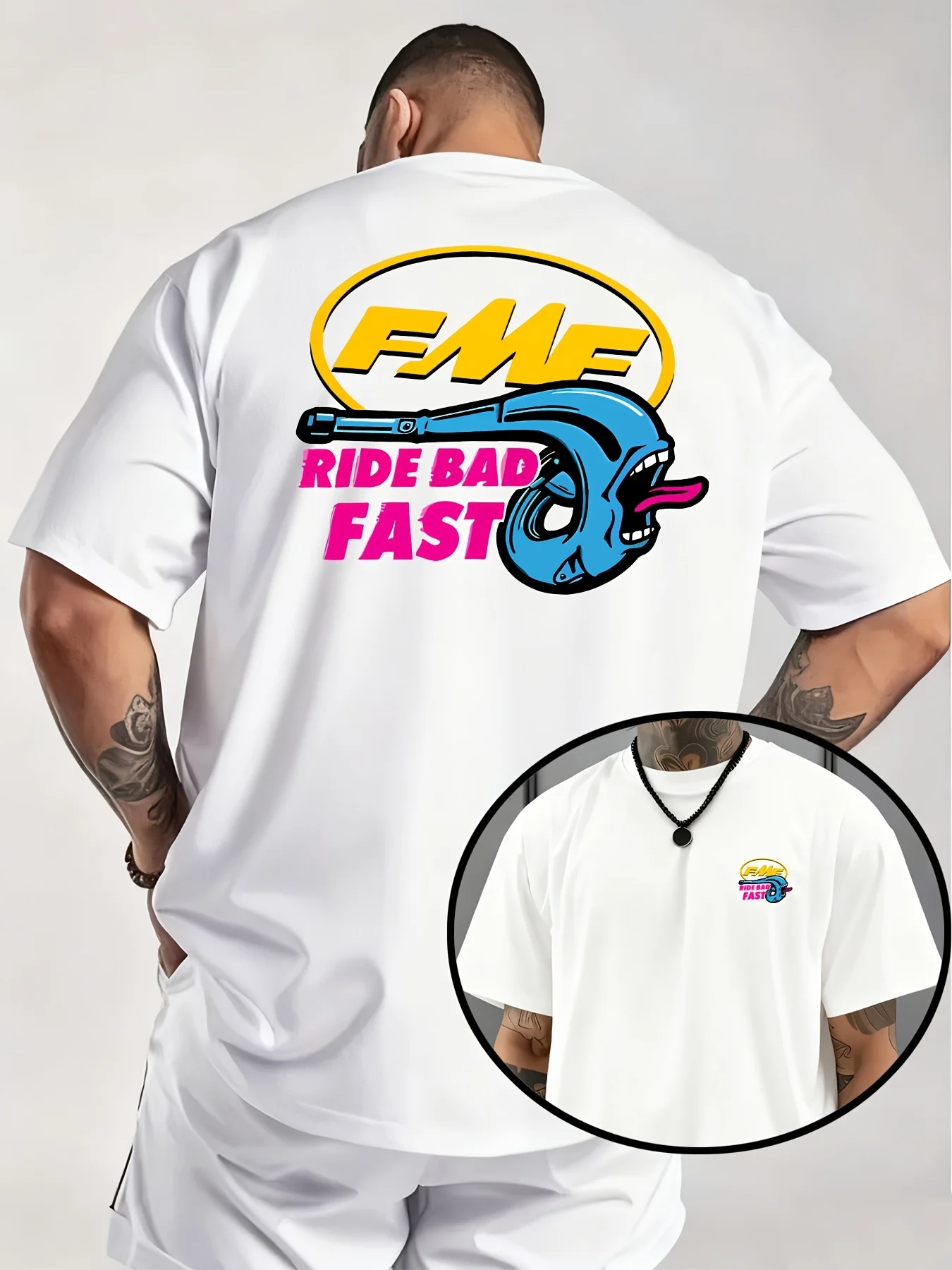 Camiseta de punto fresca y cómoda con estampado de tubo de escape de motocicleta americana FMF 2026 de verano, diseño interesante y con la frase 'ride Bad Fast'