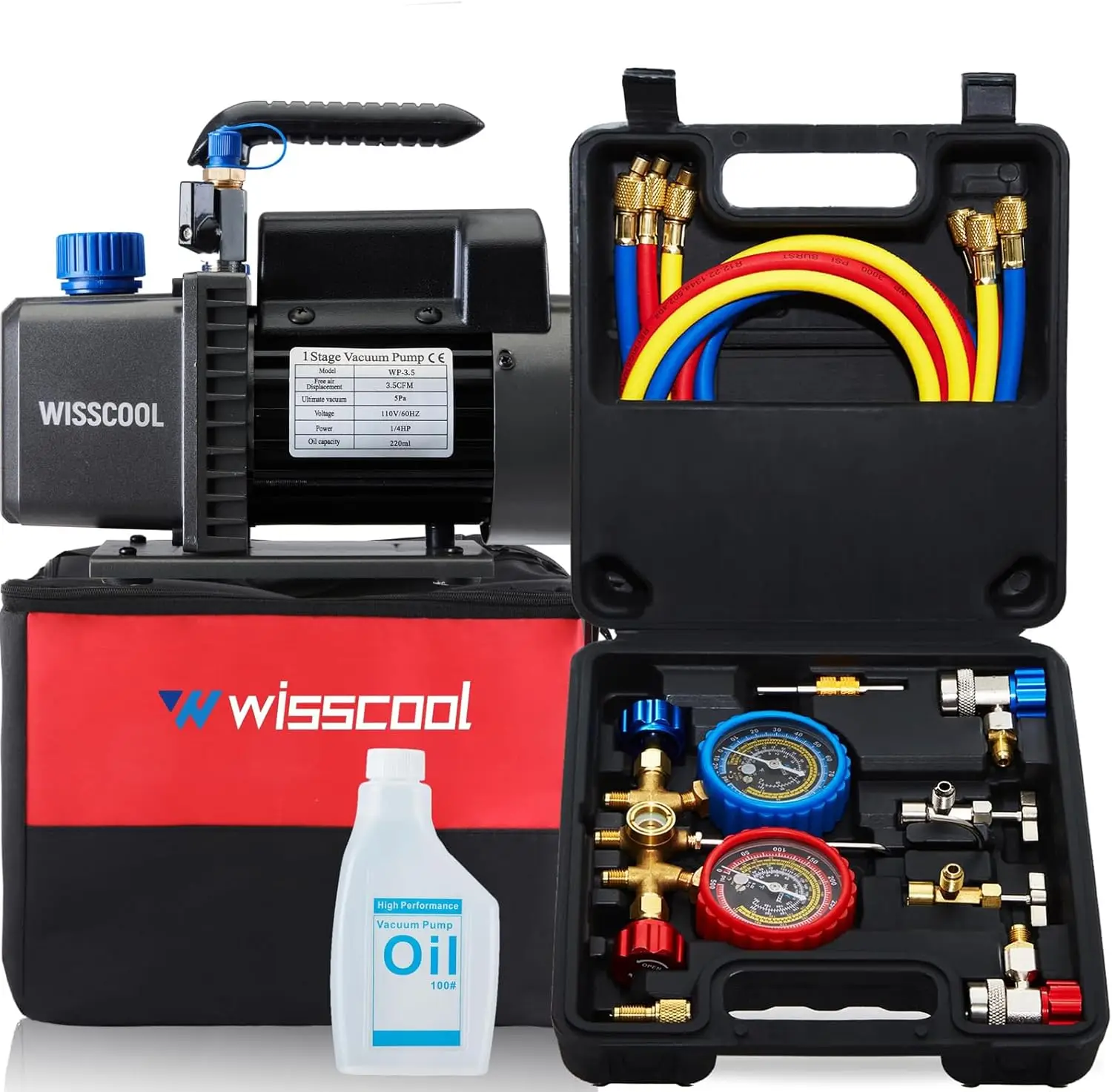 

Wisscool 3.5CFM AC Vacuum Pump and 3 Way Gauge Set, 110V 1/4 hp HVAC Air Vacuum Pump Manifold Gauge Kit with 3 Hoses Adapters Ac