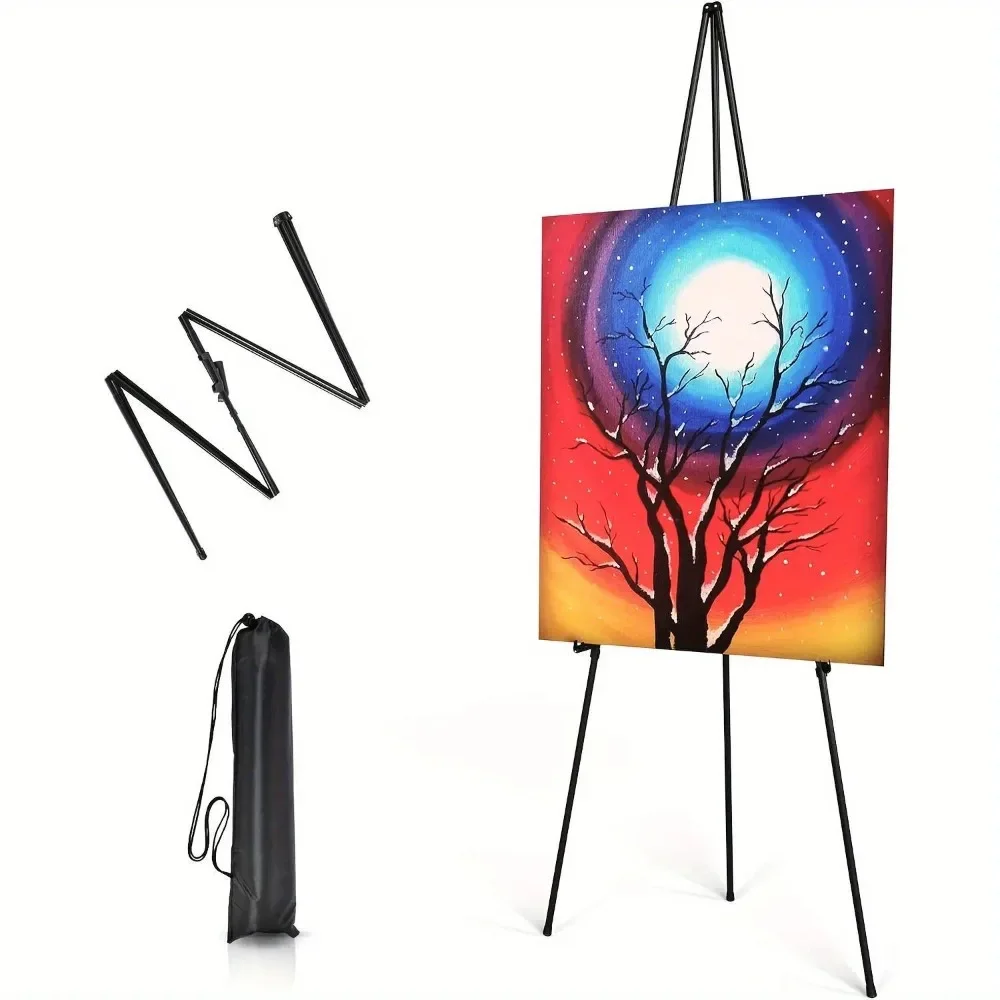 Foldable Steel Metal Tripod Easel Stand,Adjustable 15in Compact Floor Display Holder,Lightweight 2.5lbs Sign Stand Holds Up to 8lbs,Max 63in Height Rack for Wedding Welcome Signs,Baby Shower Boards,Posters,Canvas Artwork