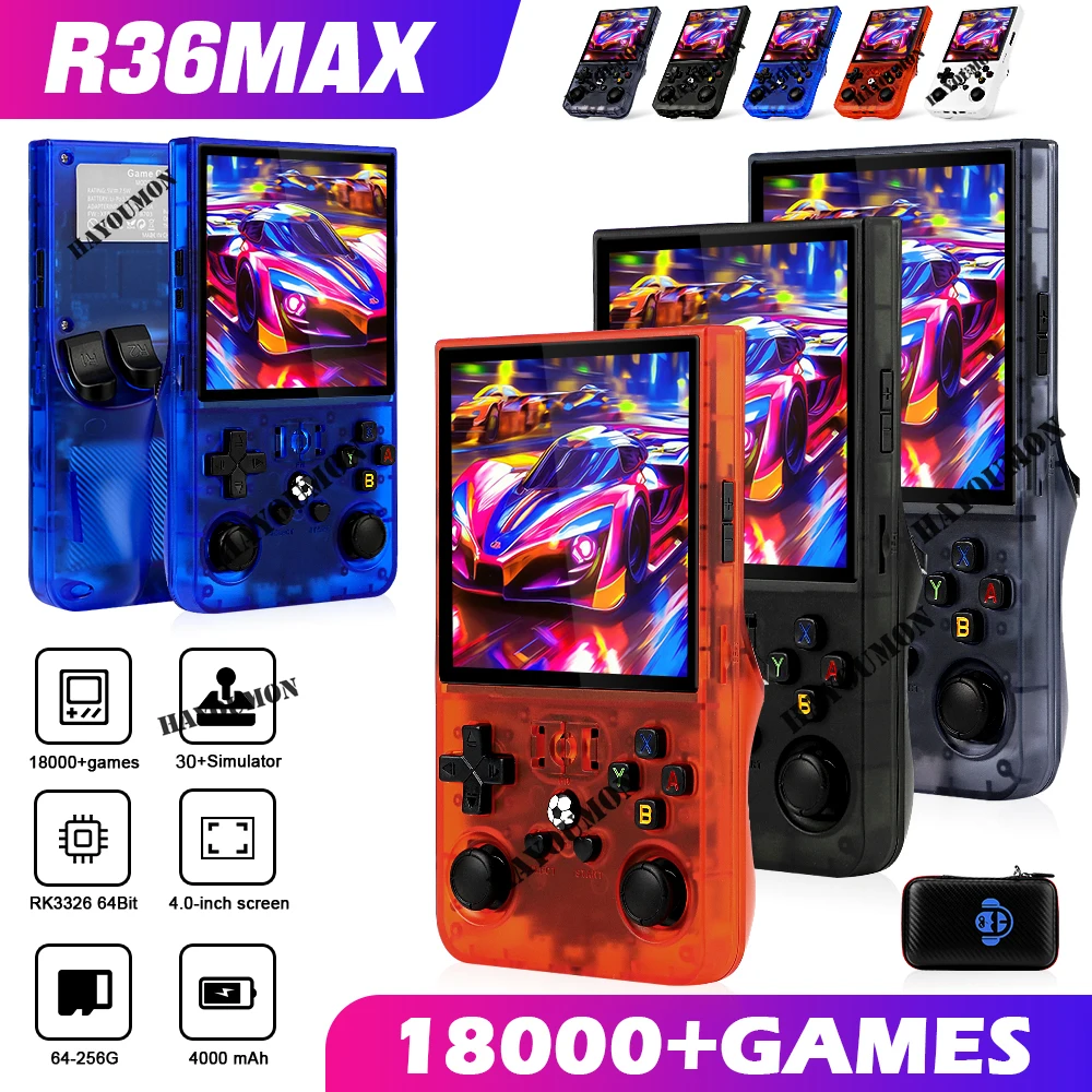 64G 128G R36MAX ريترو وحدة تحكم ألعاب فيديو محمولة 4.0 "IPS HD شاشة نظام لينكس 18000 + مشغل فيديو جيب محمول R36 MAX