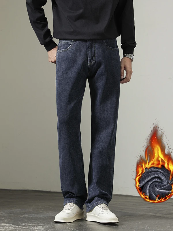 

Men's Fleece Lined Thickened Casual Straight Leg Jeans Winter Warm Loose Fit Classic American Style Versatile Long Trousers