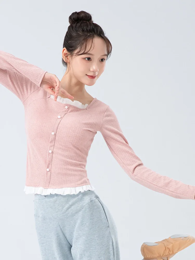 قميص باليه بقصة ضيقة ورقبة مربعة مكشكشة من الدانتيل - قميص رقص مسرحي بأكمام طويلة مكون من قطعتين للنساء