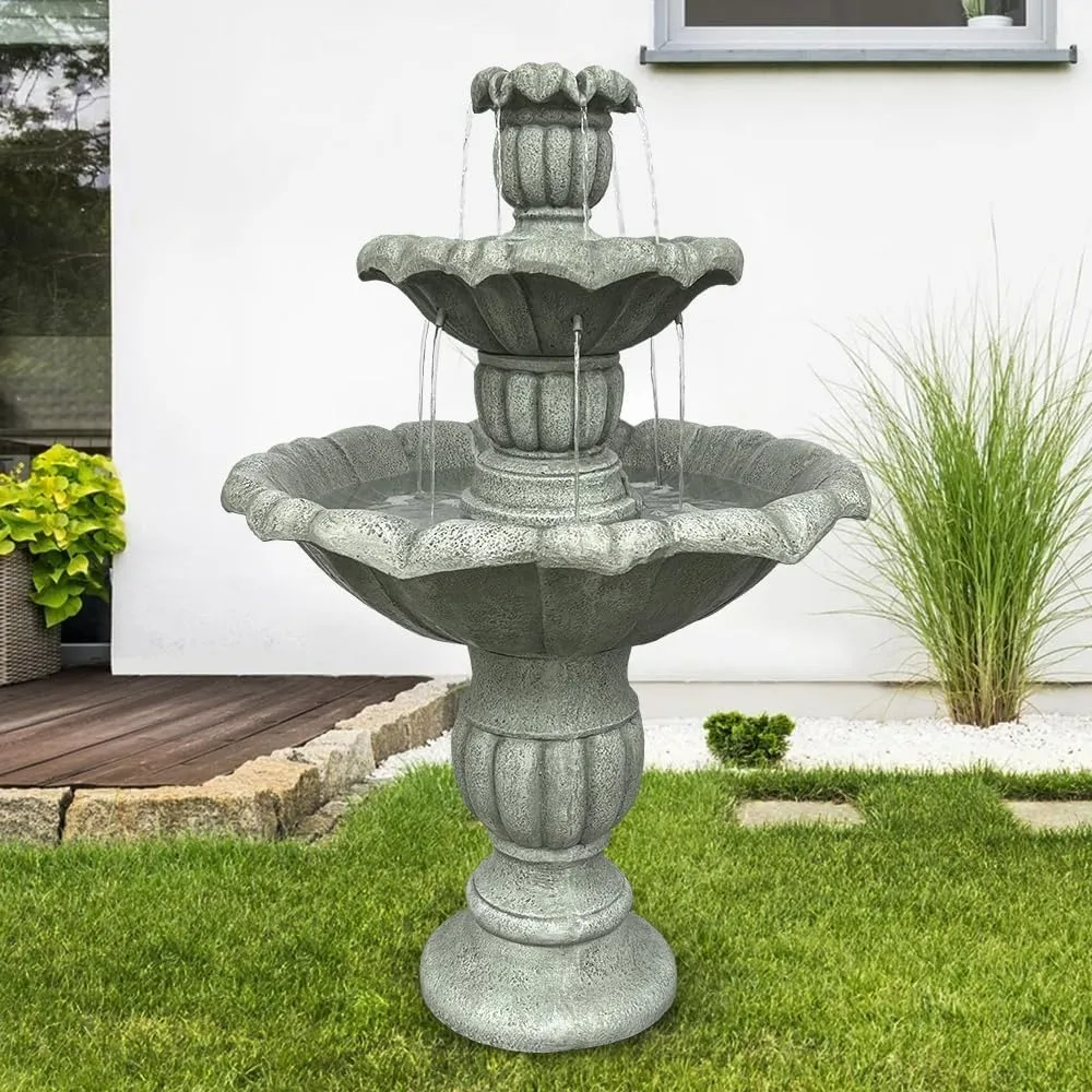 39.3”H Birdbath Garden Waterfall Fountain - 3-Tiered Pagoda Zen Modern Outdoor Floor Standing Fountain with Pump for Backyard