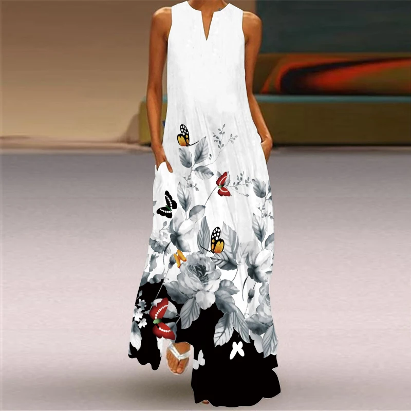 

Summer Fresh And Elegant Butterfly Flower Print Slit V-neck Long Dress Women's Elegant Dress Party Casual Fashion Long Dress