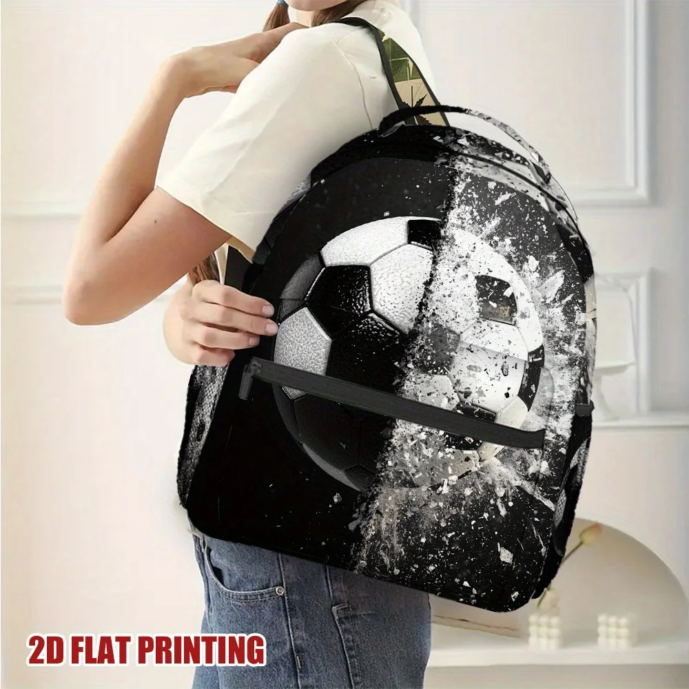 1pc Soccer Themed Lightweight Backpack Black White Soccer Ball Print Durable Zipper Closure Ideal for Business Trips Daily